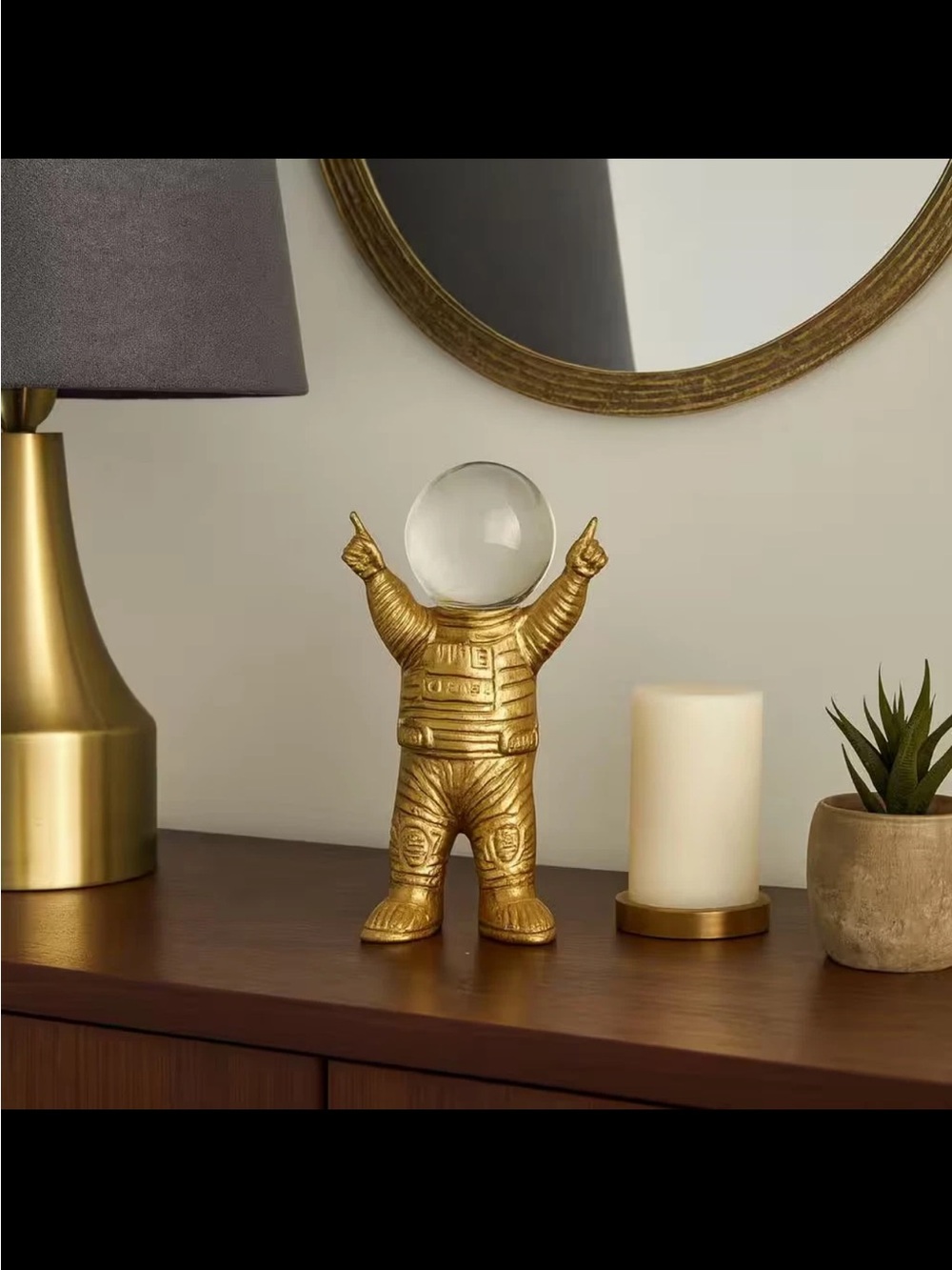 Gold Astronaut Sculpture Crystal Globe Helment